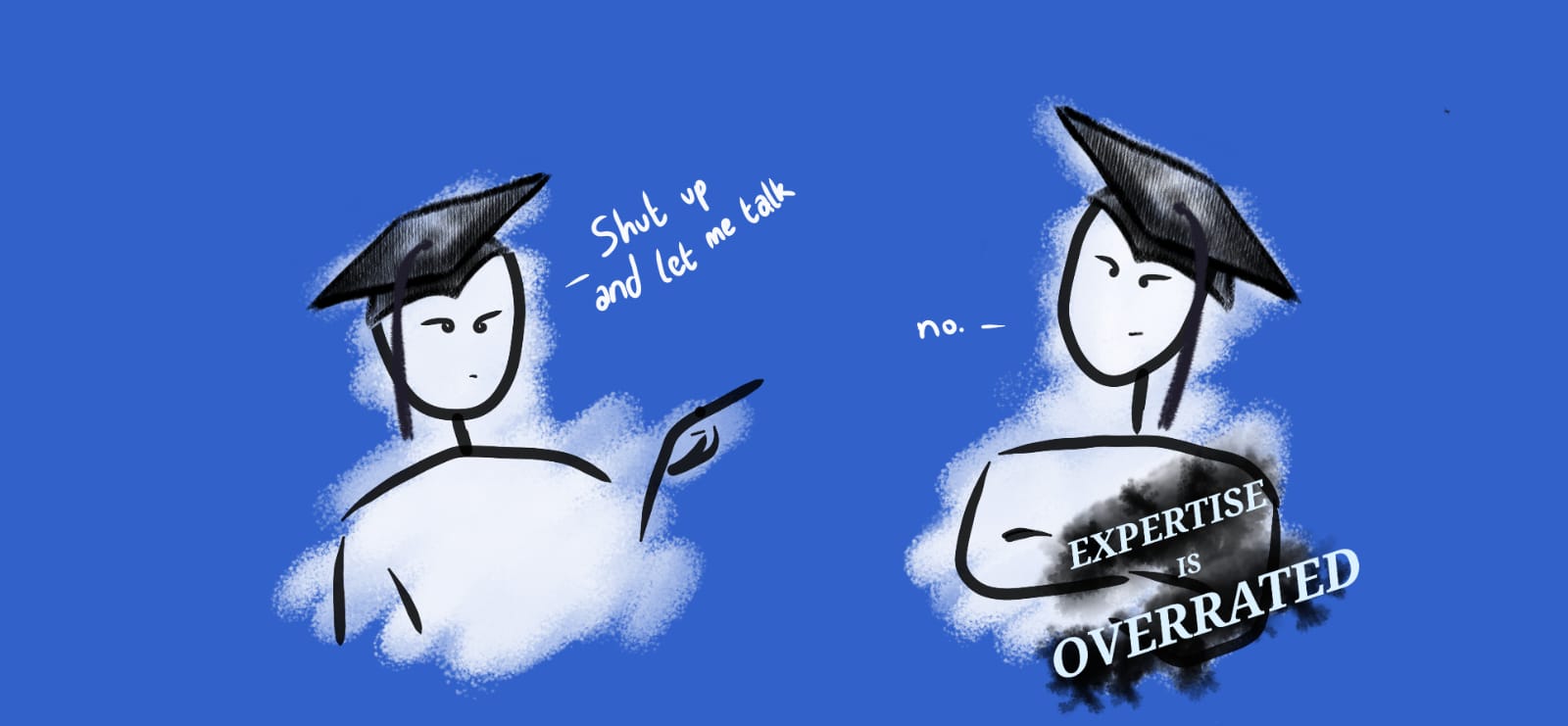 Illustrated graduates debating expertise and asking to be heard